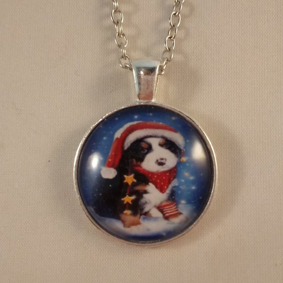 Silver Puppy Dog Santa Hat Star Snow Cabochon Pendant Necklace 20" Gift - Picture 2 of 3